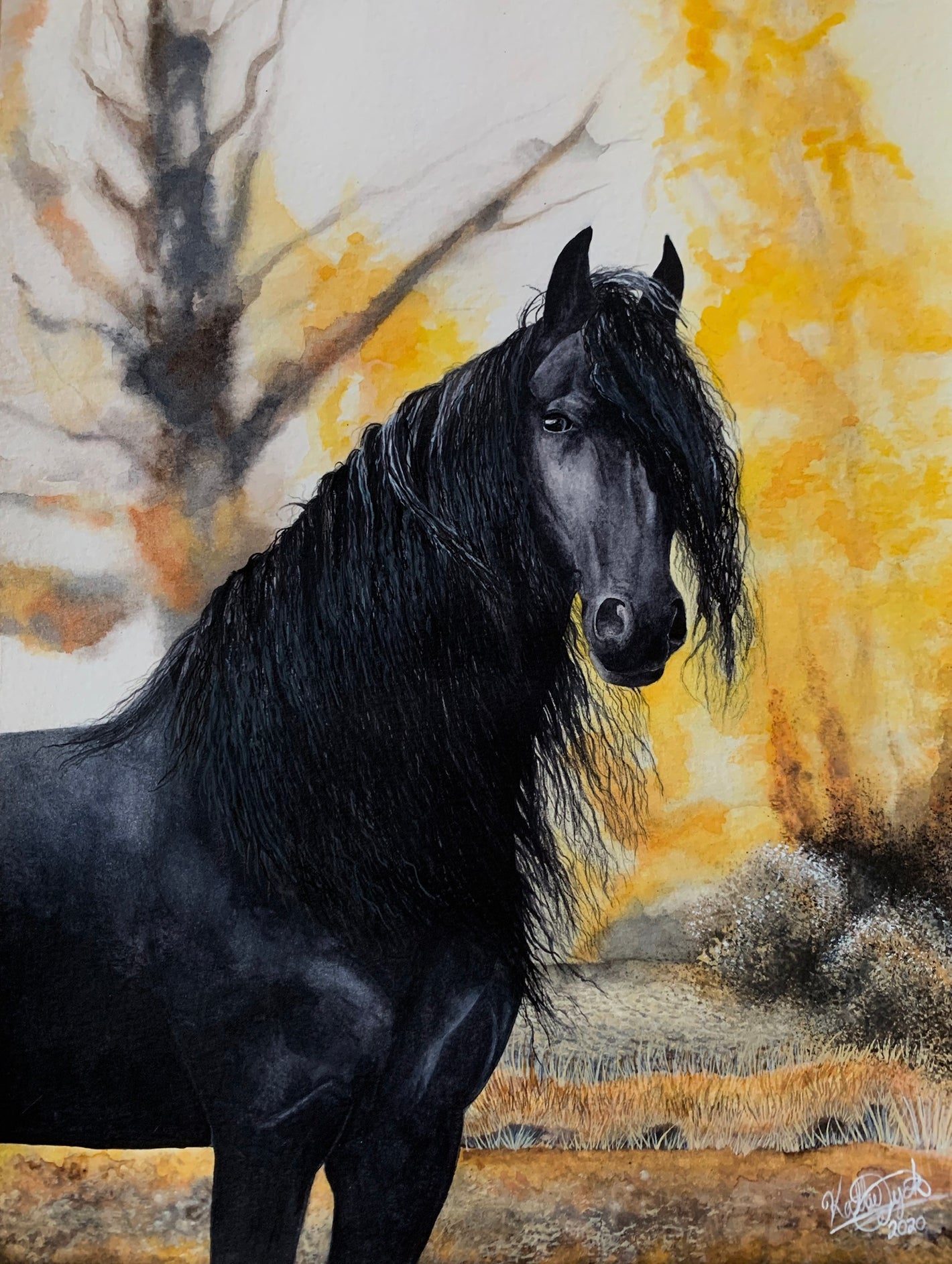 Watercolor Friesian Stallion painting by LifeGlow Artistry's artist